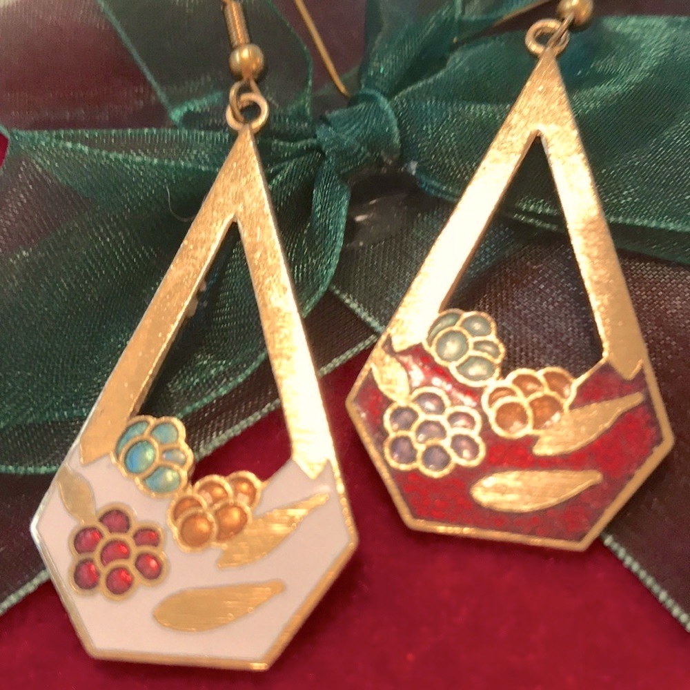 Berries and Leaves dangle earrings boho style jewel tone and gold tone